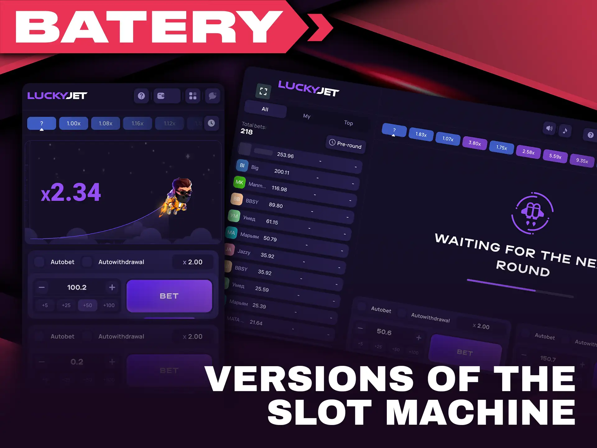 Try different versions of the Lucky Jet slot machine at Batery.