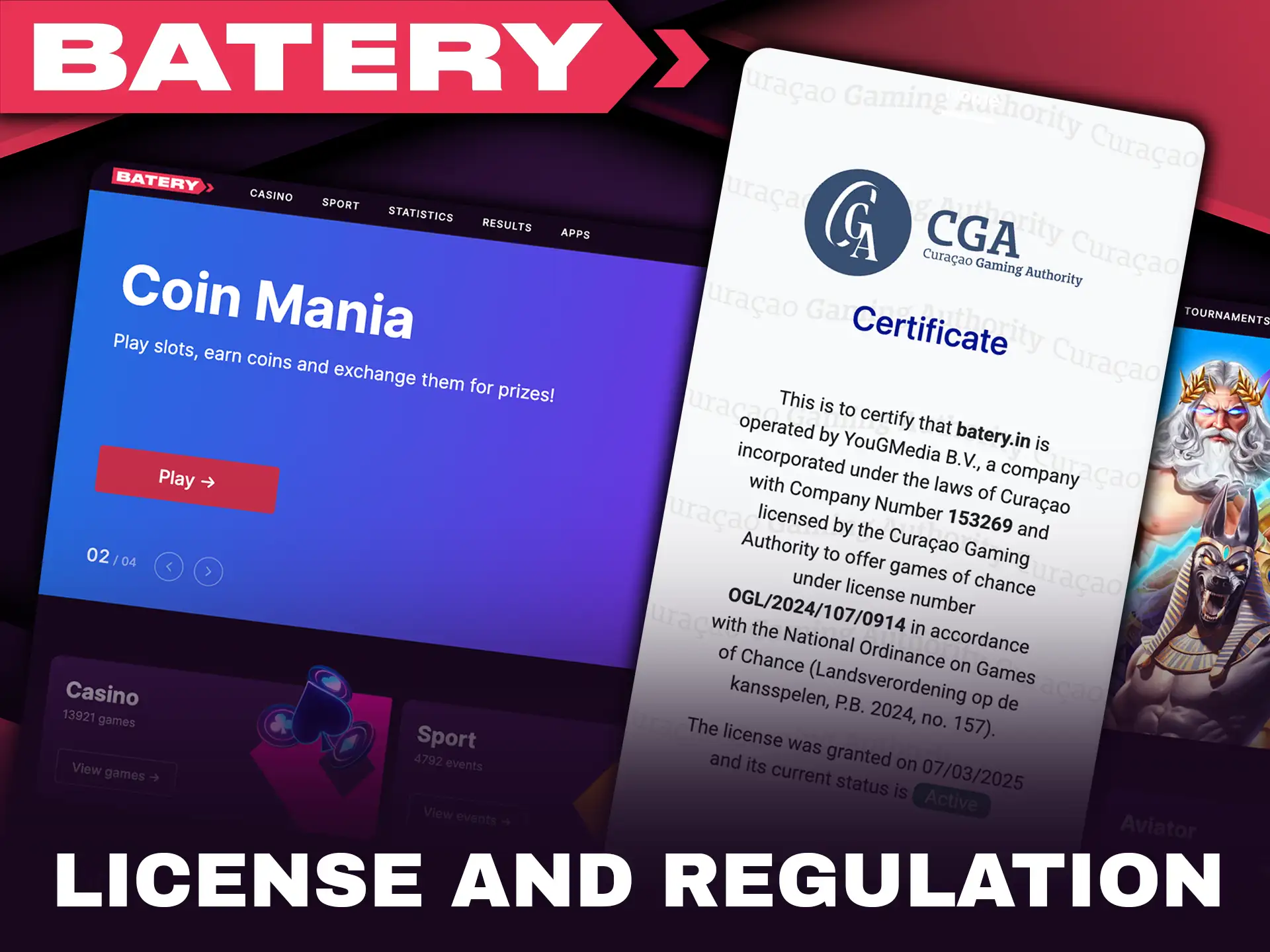 Batery license and regulation for legal betting in India.