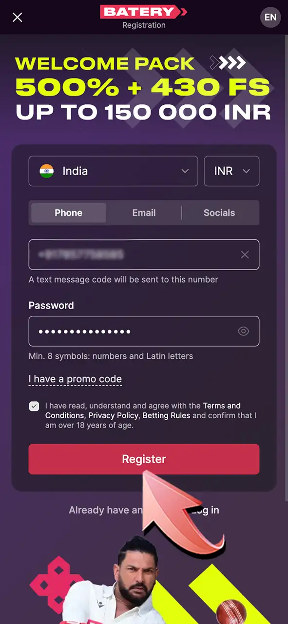 Complete your registration and start betting on Batery.