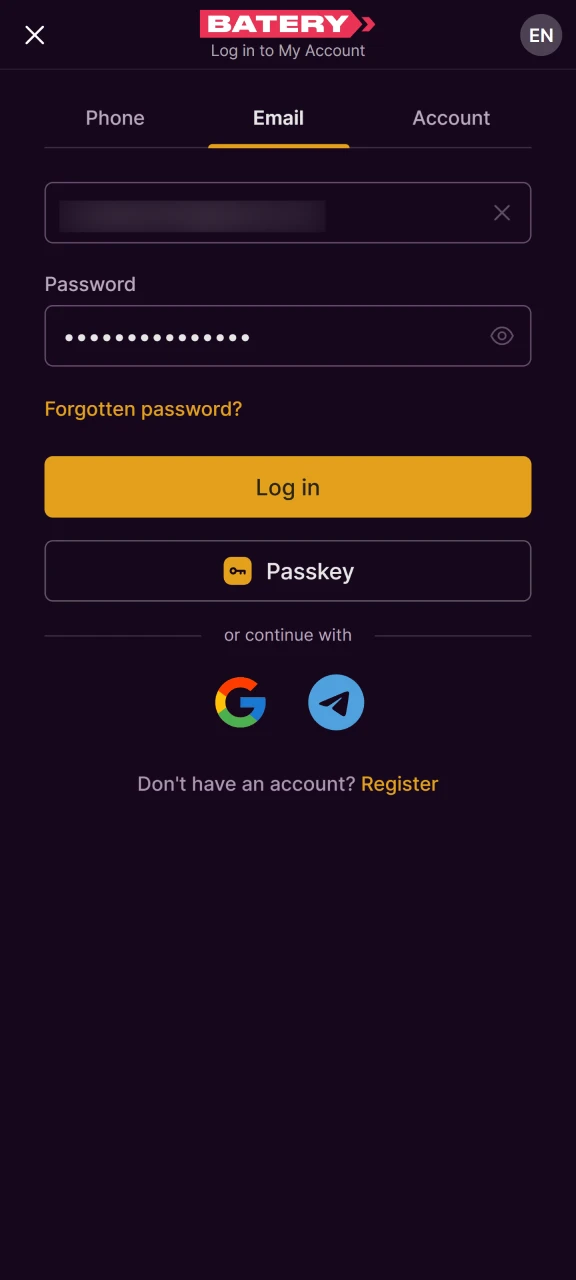 After installation, open the Batery app and log in to your account.