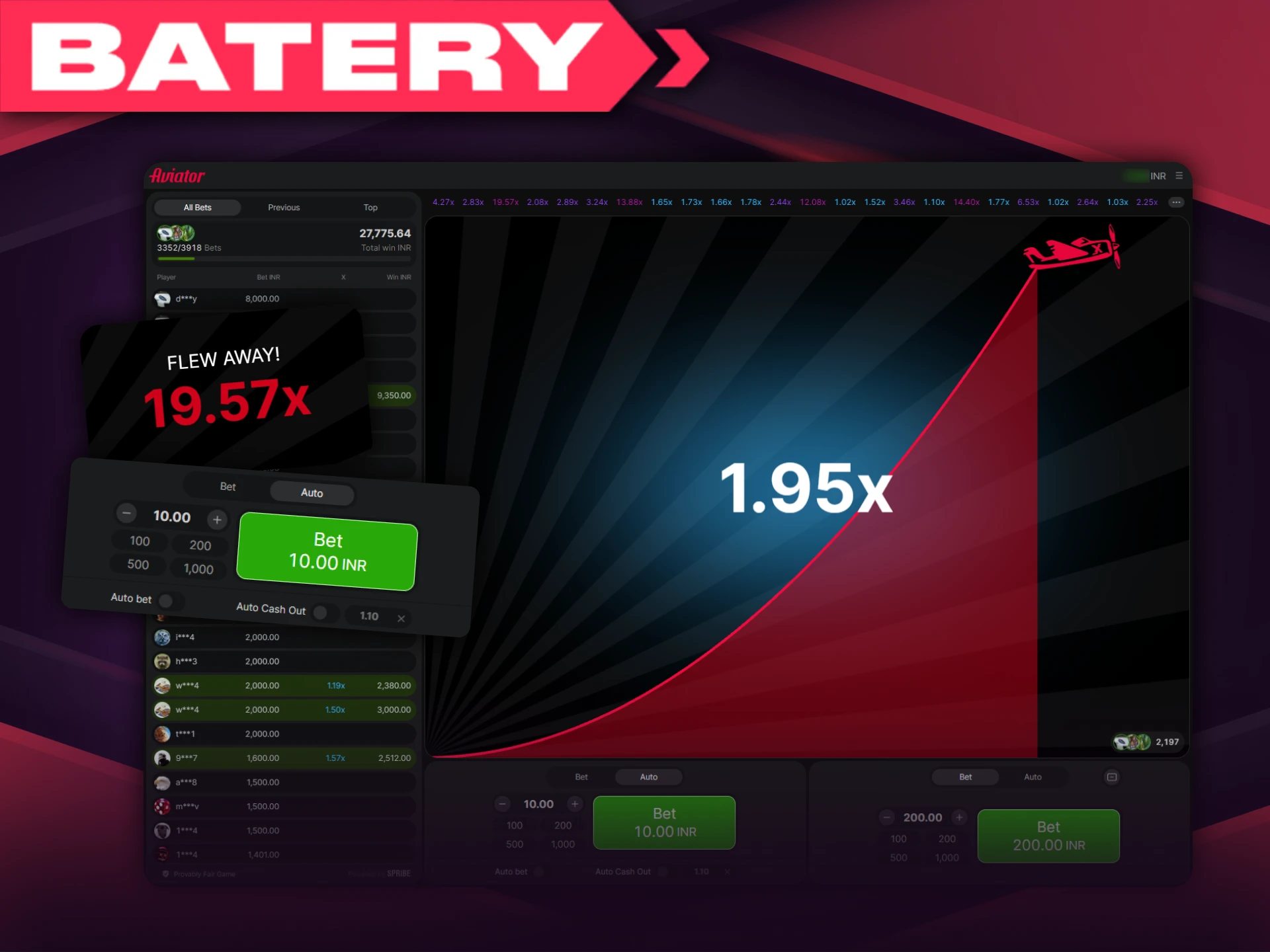 The Aviator Batery game has a clear and practical interface designed for quick play.