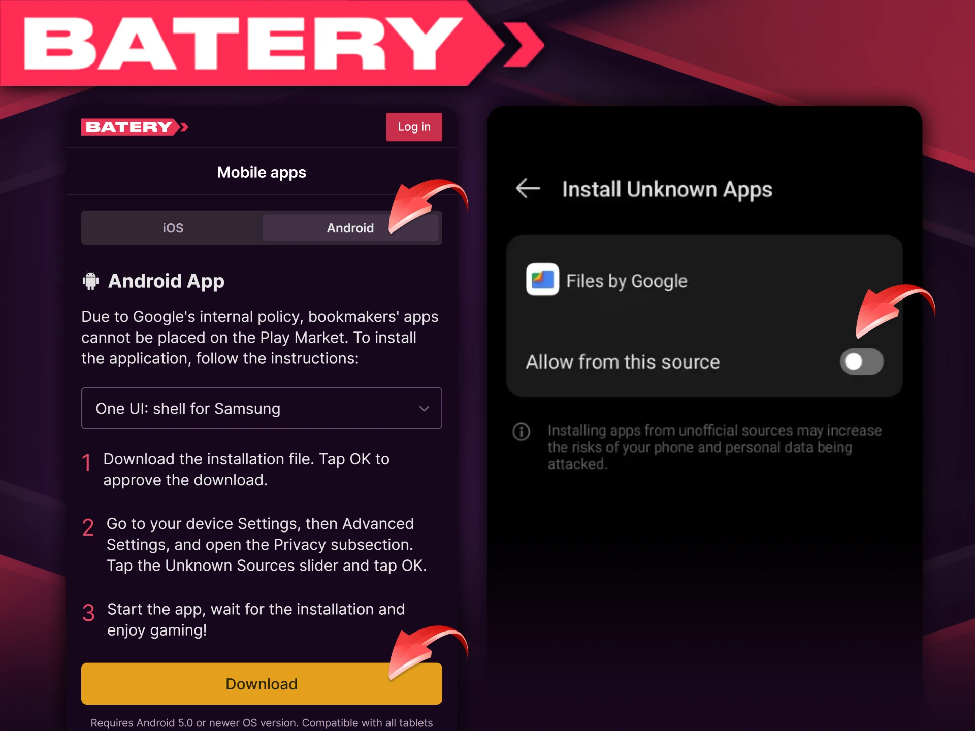 Step-by-step instructions for downloading Batery on Android.