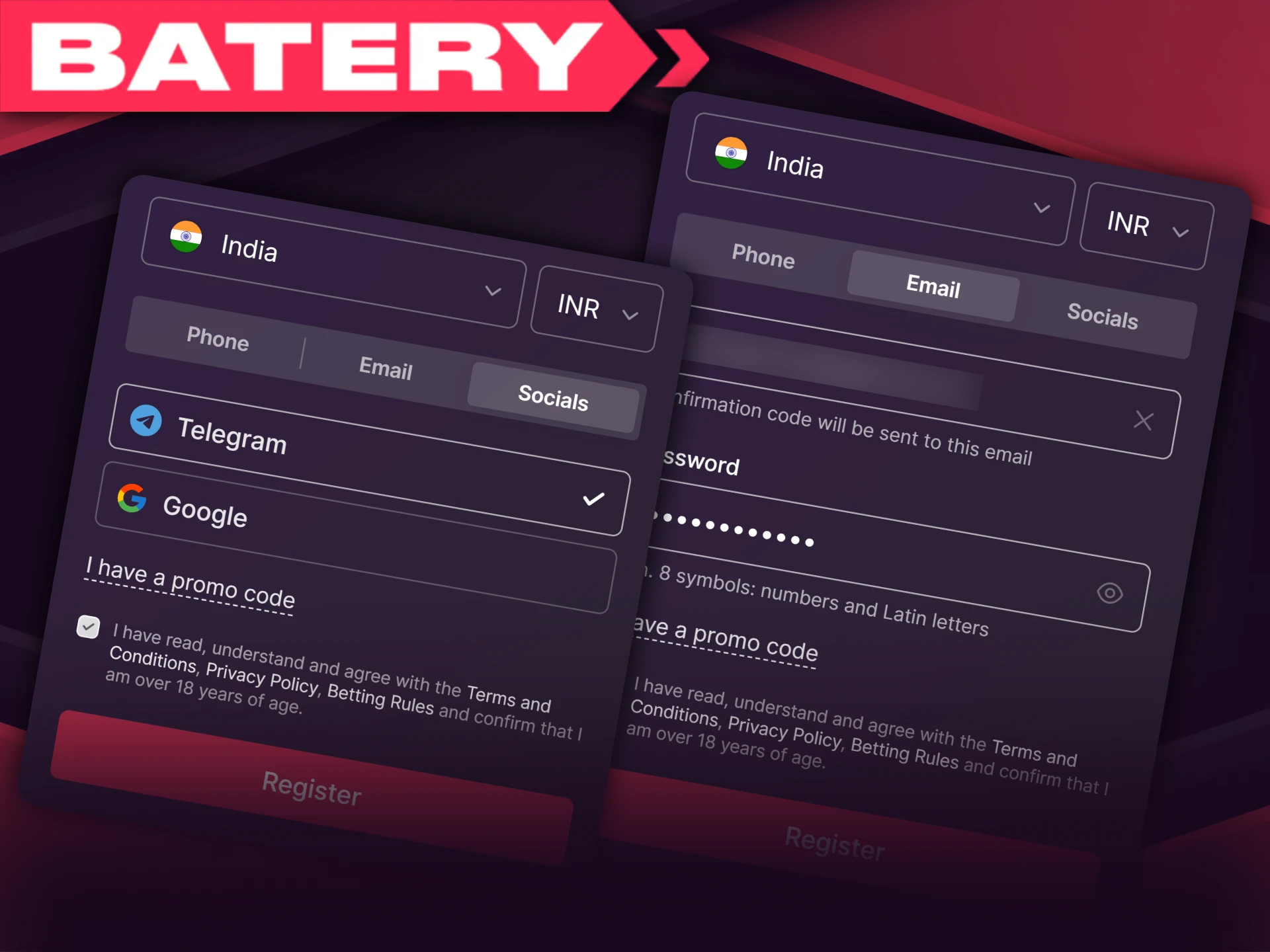 Registration is required to play for real money on Batery.