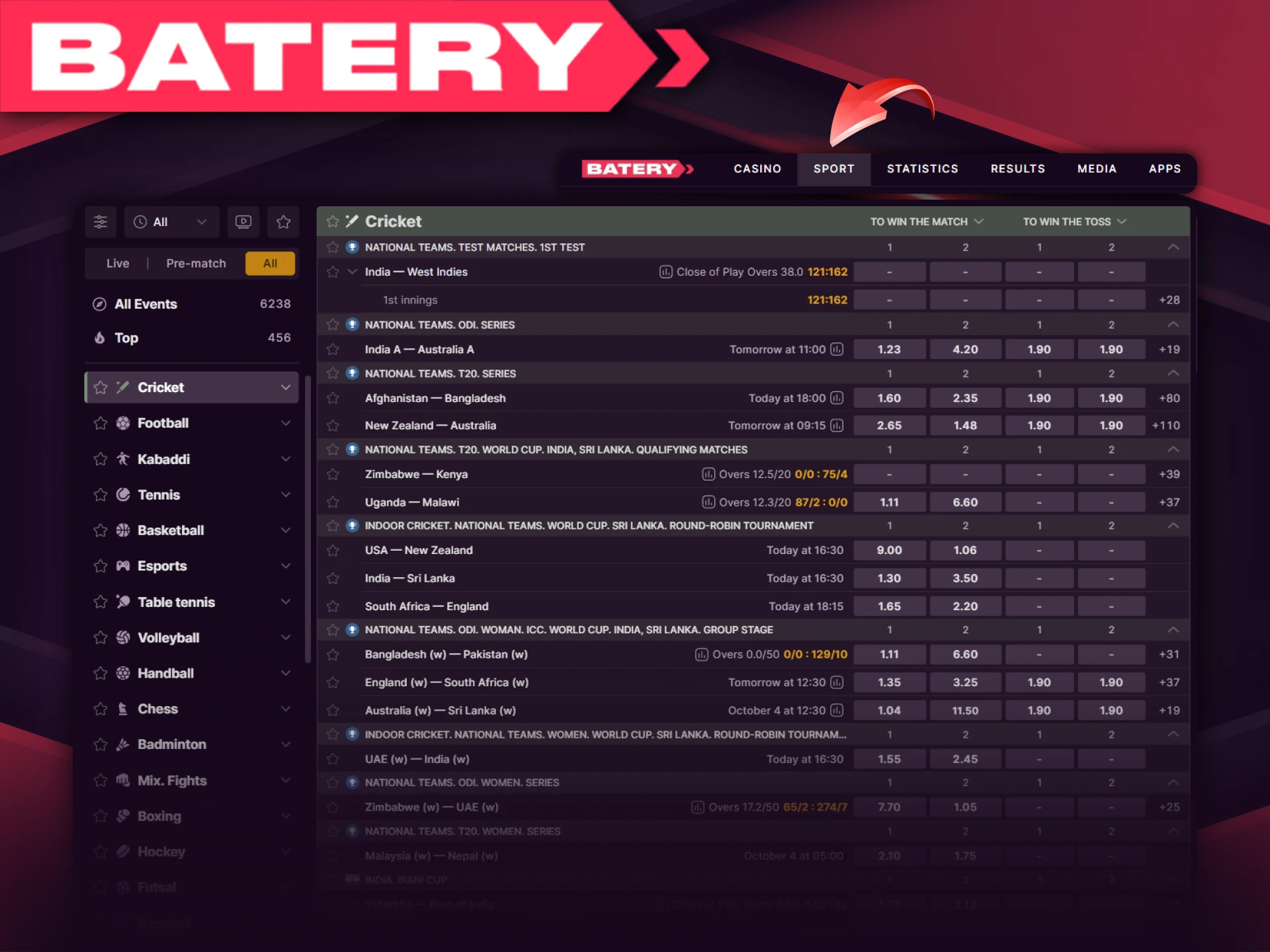 Batery has a lot of tournaments that you can bet on.