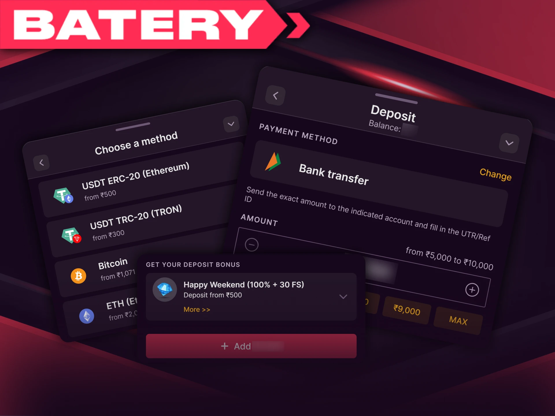 To play for real money, you need to top up your Batery wallet using one of the provided methods.