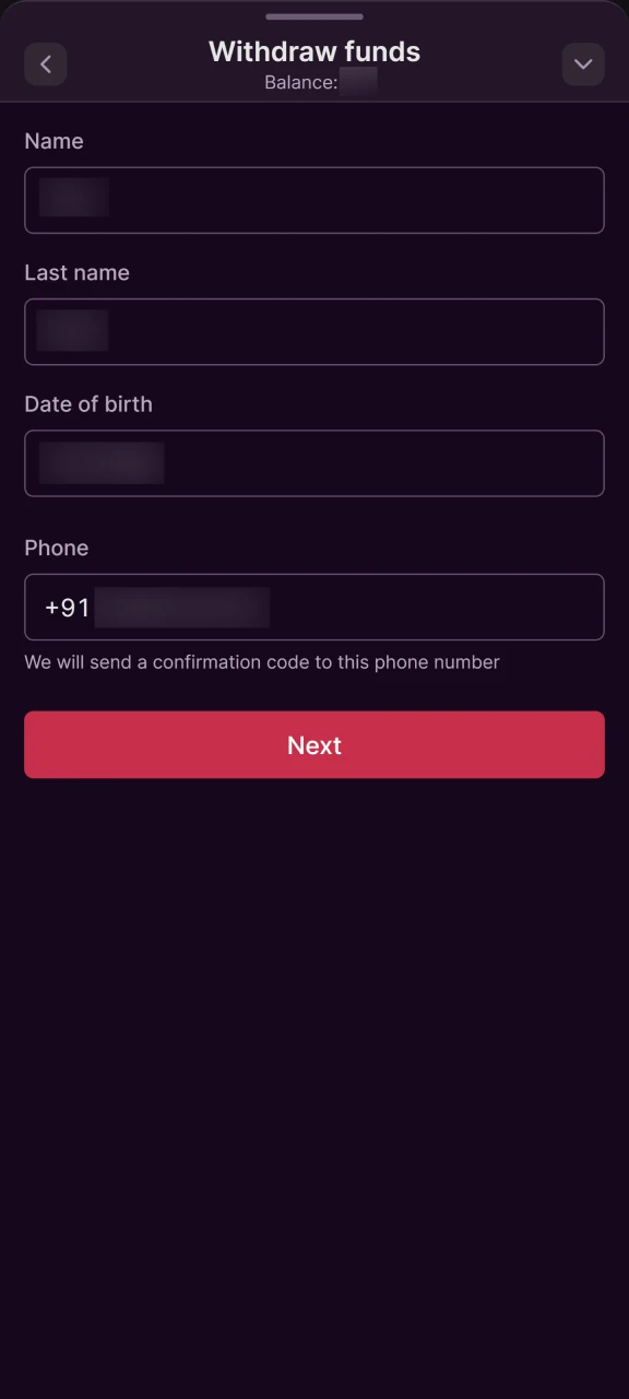 Enter your personal information and proceed to withdrawing funds.